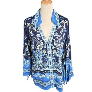 Boston Proper Floral Blue Women's Bell Sleeve Top